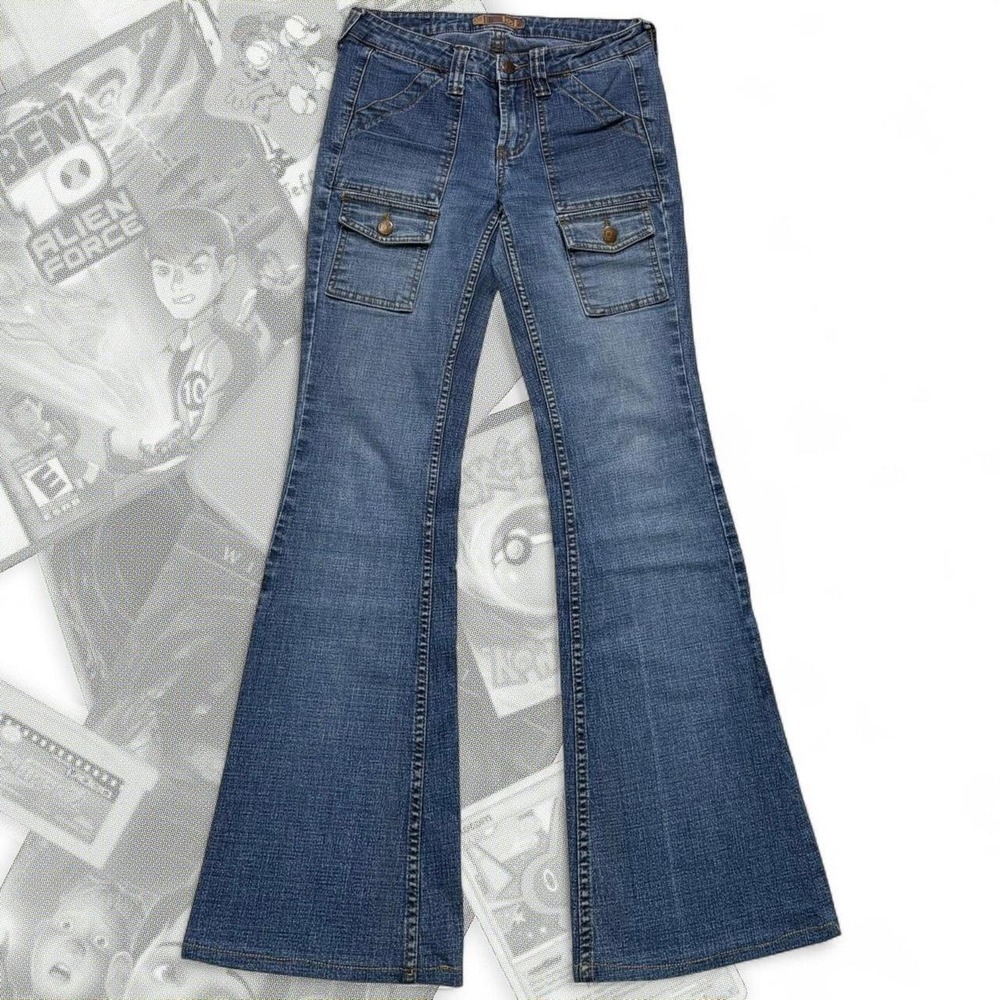Y2K Light Blue Wash Lei Cargo Square Flap Multi Pocket Denim Flared Jeans